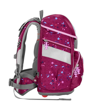 Seitenansicht des Step by Step 2IN1 PLUS Ranzen-Set 6-teilig "Fairy Freya" Rucksack in rosa und lila mit grauen Trägern, rosa Eidechsen-Reißverschlüssen und einem verstellbaren Design.