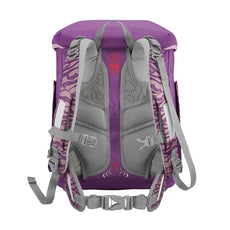Das Step by Step Circle Set Lovely Unicorn Nuala Schulranzen von Step by Step ist von hinten in Lila und Grau abgebildet und verfügt über gepolsterte Schultergurte, mehrere verstellbare Schnallen und viel Stauraum für Bücher und Zubehör.