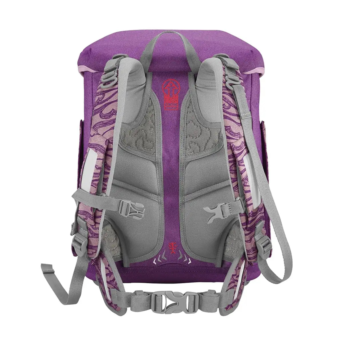 Das Step by Step Circle Set Lovely Unicorn Nuala Schulranzen von Step by Step ist von hinten in Lila und Grau abgebildet und verfügt über gepolsterte Schultergurte, mehrere verstellbare Schnallen und viel Stauraum für Bücher und Zubehör.