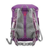 Das Step by Step Circle Set Lovely Unicorn Nuala Schulranzen von Step by Step ist von hinten in Lila und Grau abgebildet und verfügt über gepolsterte Schultergurte, mehrere verstellbare Schnallen und viel Stauraum für Bücher und Zubehör.