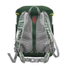 Der Step by Step Circle Set Jungle Cat Chiko ist ein grüner, ergonomischer Schulranzen mit gepolsterten grauen Schultergurten, Brustgurt und reflektierenden Akzenten. Logo, Belüftungskanäle und konturiertes Rückenpolster sorgen für Komfort.