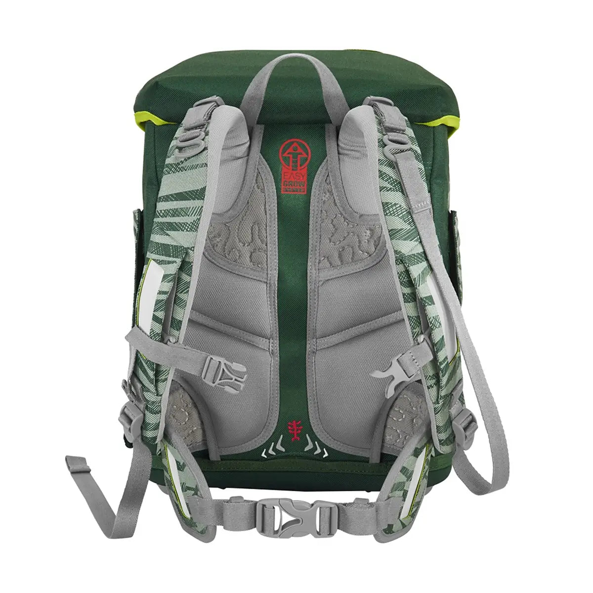 Der Step by Step Circle Set Jungle Cat Chiko ist ein grüner, ergonomischer Schulranzen mit gepolsterten grauen Schultergurten, Brustgurt und reflektierenden Akzenten. Logo, Belüftungskanäle und konturiertes Rückenpolster sorgen für Komfort.