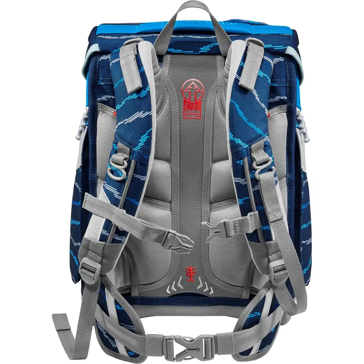 Das Step by Step Space Set Soccer Lars ist ein blauer und grauer leichter Schulranzen mit gepolsterten ergonomischen Schultergurten, verstellbaren Brust- und Taillengurten, viel Stauraum, Airflow-Rückenteil und Easy Grow System-Logo.