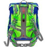 Der Step by Step Space Set Star Catcher ist ein leuchtend grüner und blauer Rucksack mit grauen Trägern, geometrischen Mustern, reichlich Stauraum und einem ergonomischen Tragesystem für optimalen Komfort.