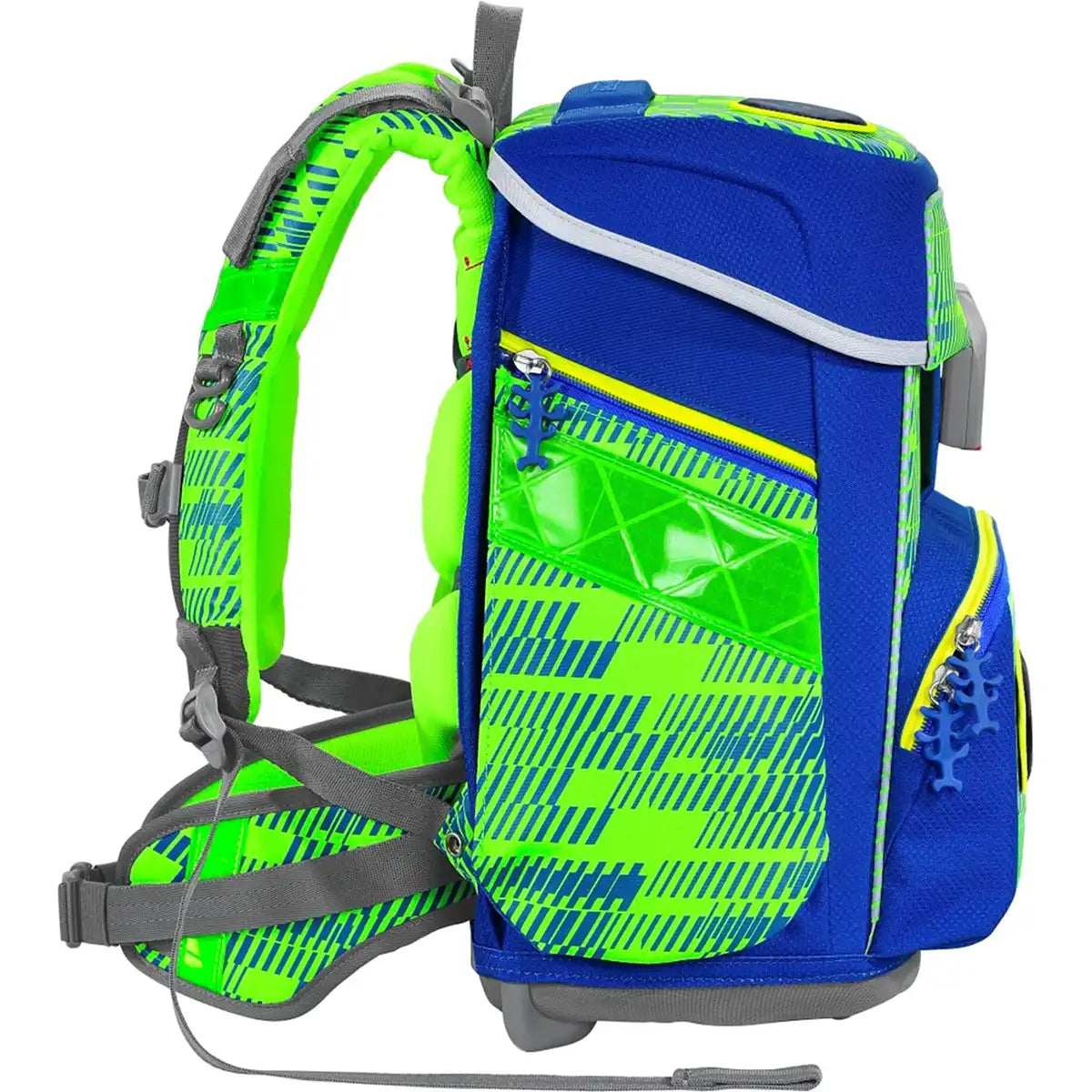 Der Step by Step Space Set Star Catcher ist ein blauer und neongrüner Kinder-Schulranzen mit grauen Trägern, Seitentaschen, geometrischen Mustern und viel Stauraum - ergonomisch und leicht.
