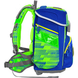 Der Step by Step Space Set Star Catcher ist ein blauer und neongrüner Kinder-Schulranzen mit grauen Trägern, Seitentaschen, geometrischen Mustern und viel Stauraum - ergonomisch und leicht.