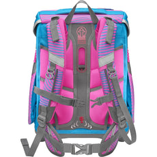 Der Step by Step Space Set Kolibri Kaja Schulranzen von Step by Step verfügt über gepolsterte, verstellbare rosa und graue Gurte, blaue Seitenteile, reflektierende Akzente und ein ergonomisches Design für Komfort und Halt; dargestellt von der Rückseite.