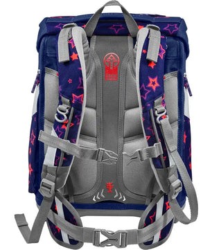 Das Step by Step SPACE Shine Schulranzen-Set "Pegasus Night Nuala" (5-tlg.) von Step by Step bietet ergonomisches Design, rote und pinke Sterne, graue Polsterung, verstellbare Gurte und 20L Volumen - ideal für den Schulalltag.