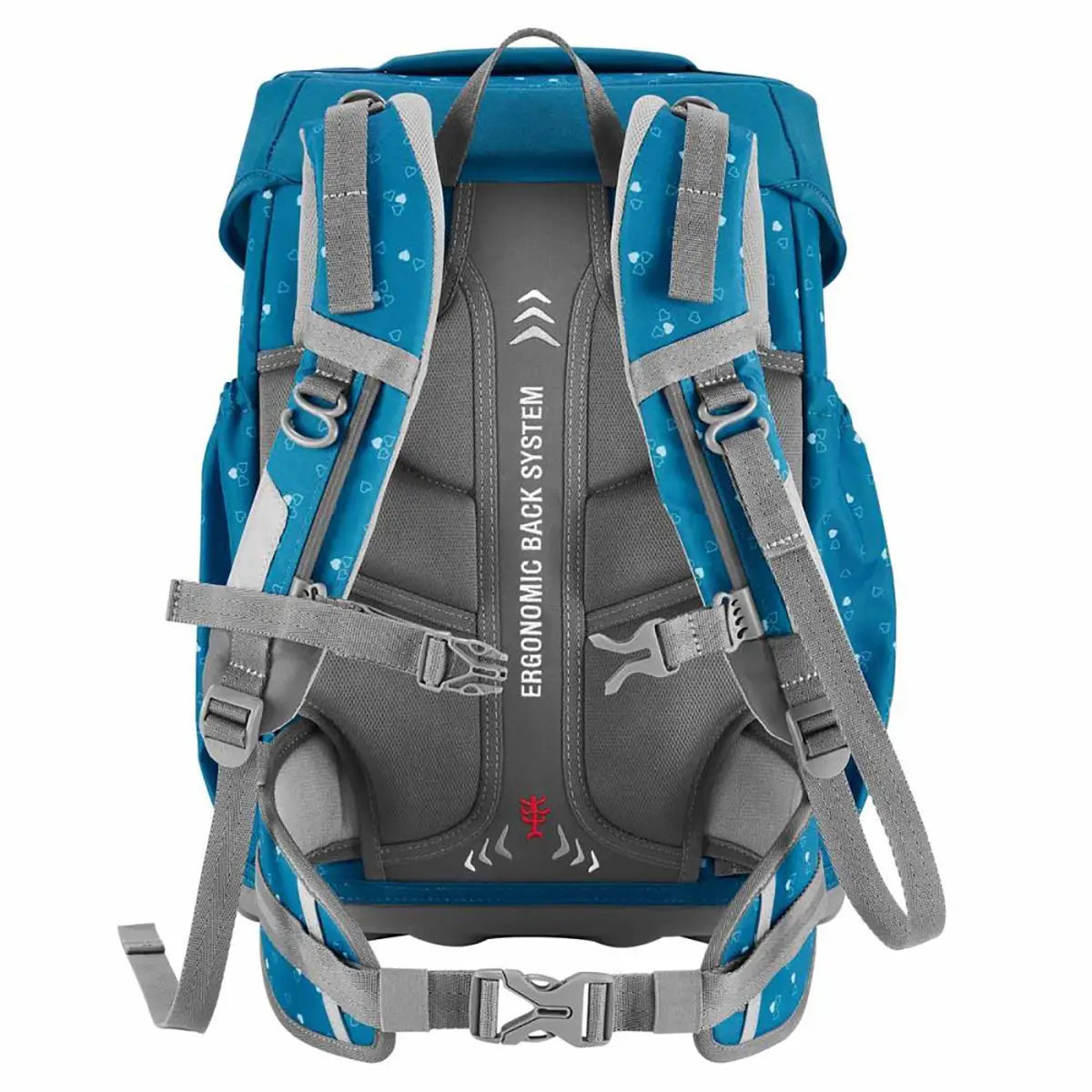 Das Step by Step BASIS Ranzen-Set "Blue Hearts" 4-teilig ist ein ergonomischer Schulranzen mit gepolsterten Trägern und Rückenstütze, von hinten gezeigt.