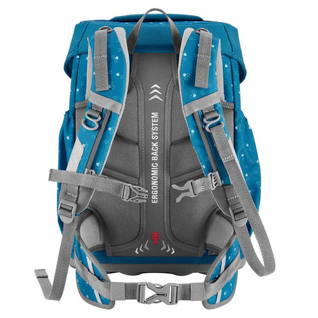 Das Step by Step BASIS Ranzen-Set "Blue Hearts" 4-teilig ist ein ergonomischer Schulranzen mit gepolsterten Trägern und Rückenstütze, von hinten gezeigt.