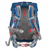 Ultraleicht und ergonomisch: Das blau-graue Step by Step GIANT Ranzen-Set "Horse Lima" (5-teilig) mit gepolsterten Trägern, roten Schnallen und geometrischen Mustern wird von hinten gezeigt.