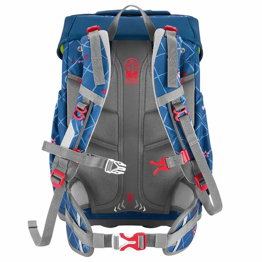 Ultraleicht und ergonomisch: Das blau-graue Step by Step GIANT Ranzen-Set "Horse Lima" (5-teilig) mit gepolsterten Trägern, roten Schnallen und geometrischen Mustern wird von hinten gezeigt.