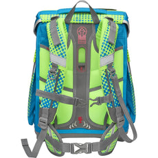 Rückansicht des Step by Step Space Set Race Car Chuck von Step by Step, mit blauen und grünen gepolsterten Trägern, reflektierenden Akzenten und einem Fassungsvermögen von 20 Litern für den täglichen Gebrauch.