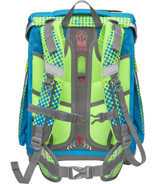 Das Step by Step SPACE Schulranzen-Set "Race Car Chuck" (5-teilig) ist ein blauer und grüner ergonomischer Schulrucksack mit gepolsterten Trägern, grauen Schnallen, gepunkteten Seitenwänden und einem Volumen von 20 Litern.