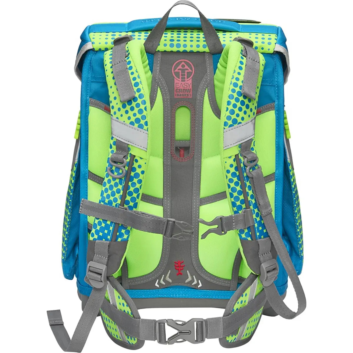 Rückansicht des Step by Step Space Set Race Car Chuck von Step by Step, mit blauen und grünen gepolsterten Trägern, reflektierenden Akzenten und einem Fassungsvermögen von 20 Litern für den täglichen Gebrauch.