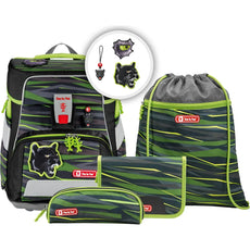 Das Step by Step Space Set Wild Cat ist ein grün-schwarz gestreiftes ergonomisches Schulrucksack-Set mit Panther-Design, ideal für Grundschulkinder. Enthält Feuerzeug Schulranzen, Kordelzug Tasche, Federmäppchen, Reißverschluss Tasche, Schlüsselanhänger & Zubehör.
