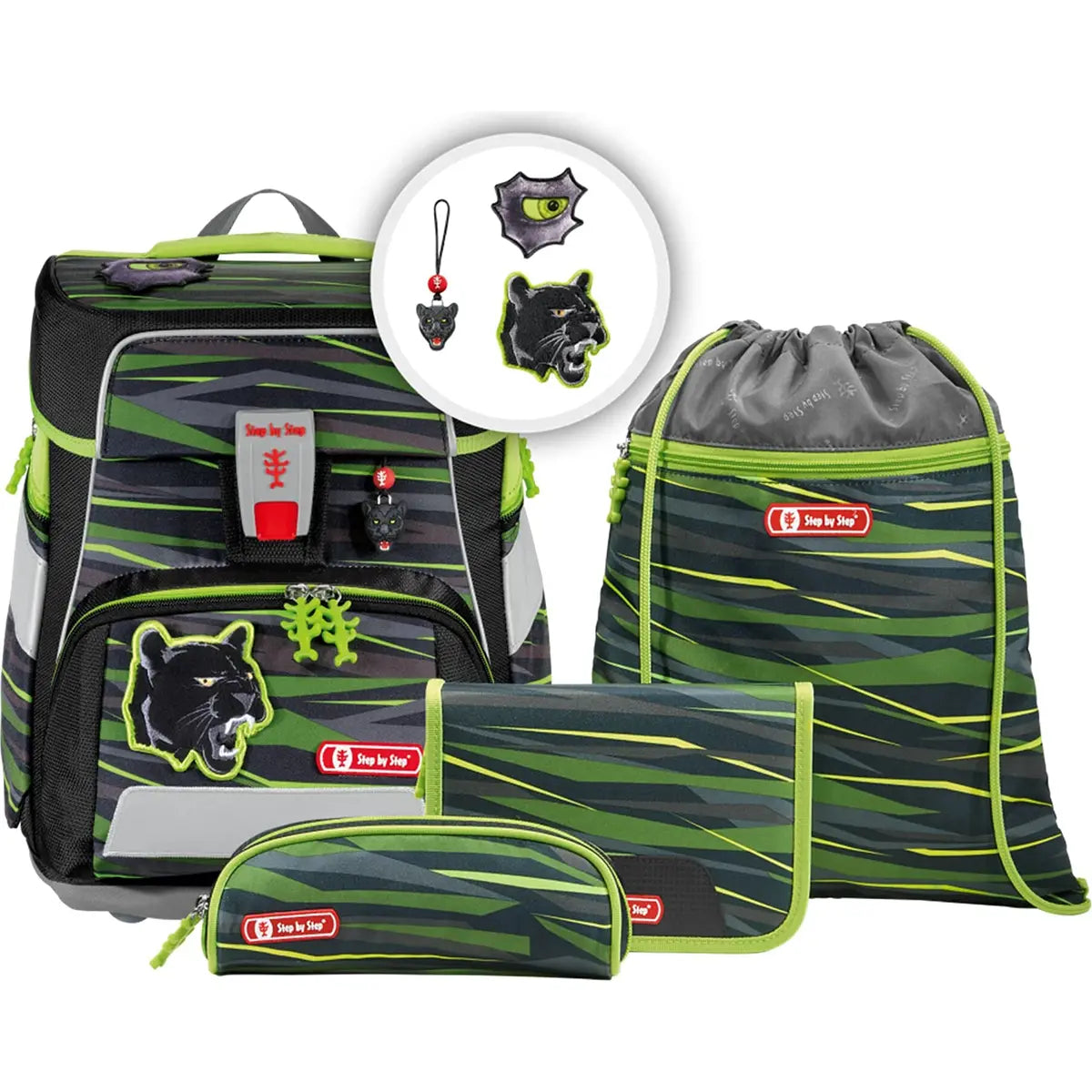 Das Step by Step Space Set Wild Cat ist ein grün-schwarz gestreiftes ergonomisches Schulrucksack-Set mit Panther-Design, ideal für Grundschulkinder. Enthält Feuerzeug Schulranzen, Kordelzug Tasche, Federmäppchen, Reißverschluss Tasche, Schlüsselanhänger & Zubehör.