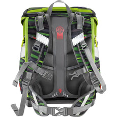 Das Step by Step Space Set Wild Cat Schulranzen von Step by Step ist von hinten grün und schwarz gestreift, mit gepolsterten Schultergurten, Reflexstreifen, einem verstellbaren Brustgurt und einem Hüftgurt - ideal für Grundschulkinder.
