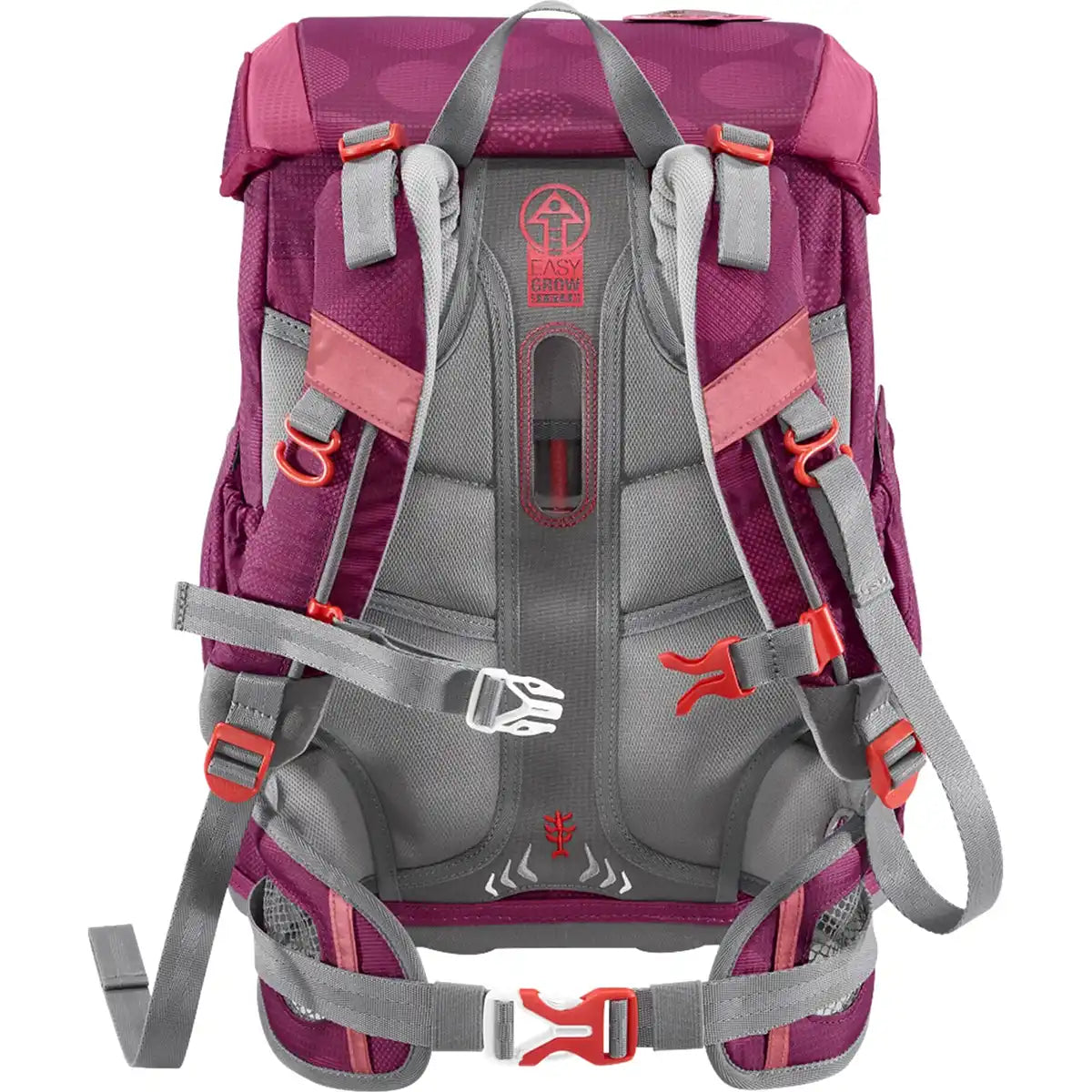 Der von hinten gezeigte Step by Step Cloud Set Glamour Star Schulranzen von Step by Step zeichnet sich durch lila und graue Farben, ergonomisch gepolsterte Gurte, Schnallen und Netztaschen aus.