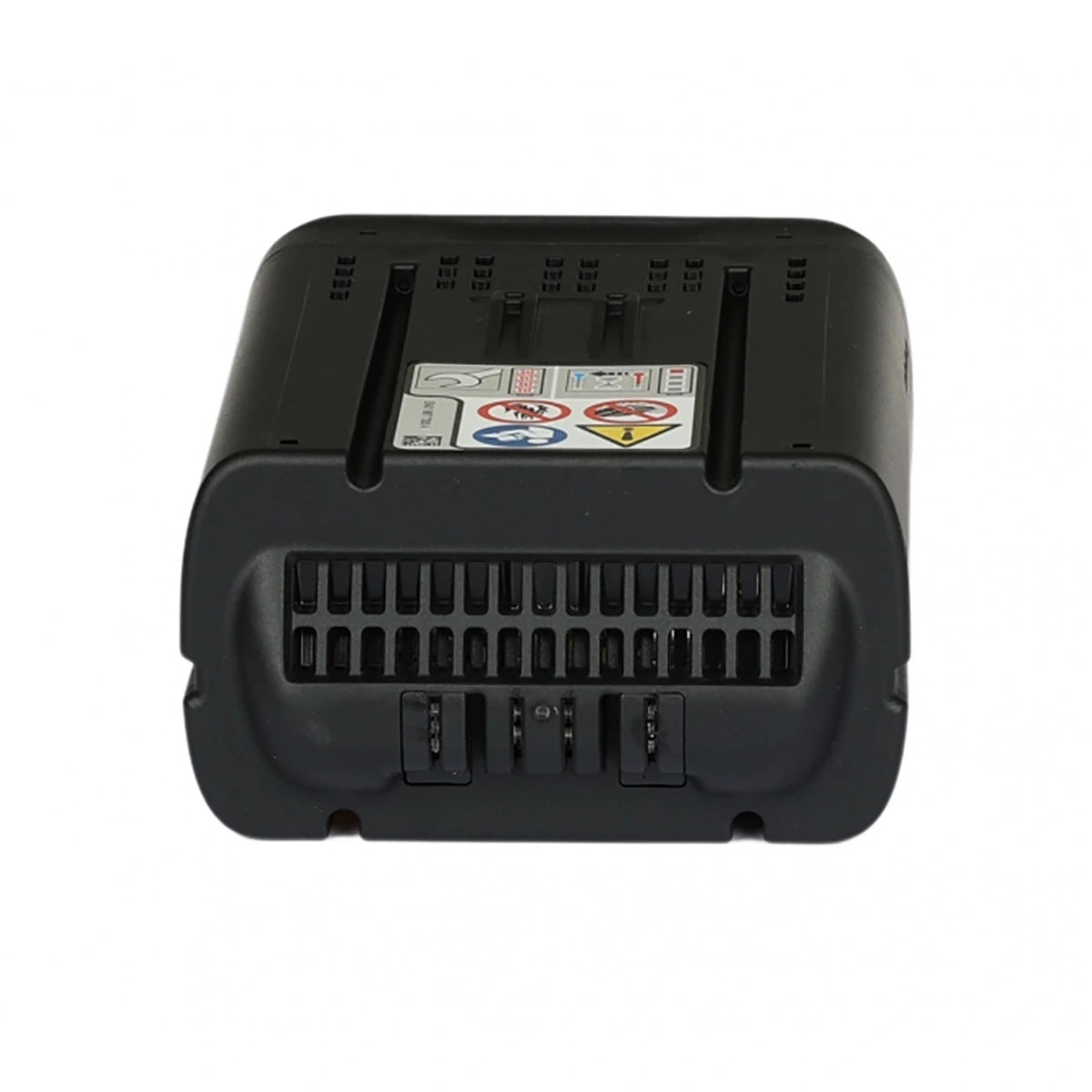 Der STIHL Ersatzakku AP 200 ist ein schwarzer, rechteckiger 36-V-Lithium-Ionen-Akku mit Warnhinweisen und Lüftungsschlitzen, der für das STIHL AP-System vorgesehen ist, abgebildet auf weißem Grund.