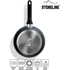 Eine schwarze STONELINE Kochgeschirr-Set Schwarz/Roségold - 11-teilig Bratpfanne wird von oben mit ihrem Metallboden gezeigt. Das Stoneline-Logo erscheint oben rechts, und Icons heben Kompatibilität und fettfrei braten dank Antihaftbeschichtung hervor.