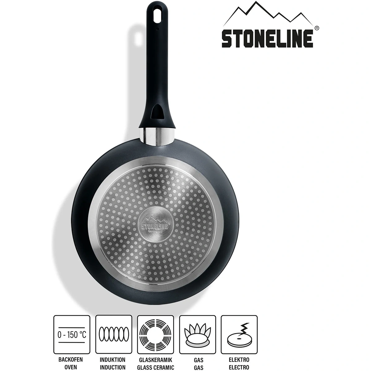 Eine schwarze STONELINE Kochgeschirr-Set Schwarz/Roségold - 11-teilig Bratpfanne wird von oben mit ihrem Metallboden gezeigt. Das Stoneline-Logo erscheint oben rechts, und Icons heben Kompatibilität und fettfrei braten dank Antihaftbeschichtung hervor.