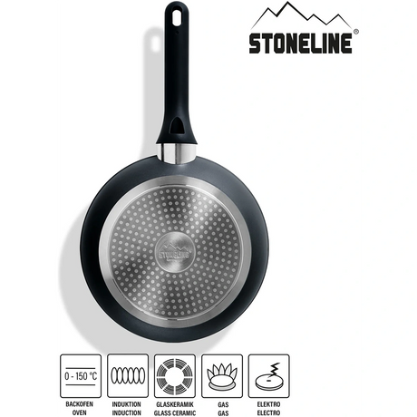 Eine schwarze STONELINE Kochgeschirr-Set Schwarz/Roségold - 11-teilig Bratpfanne wird von oben mit ihrem Metallboden gezeigt. Das Stoneline-Logo erscheint oben rechts, und Icons heben Kompatibilität und fettfrei braten dank Antihaftbeschichtung hervor.