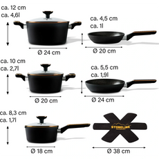 Vier schwarze STONELINE Kochgeschirr-Sets Schwarz/Roségold - 11-teilig in verschiedenen Größen mit Antihaftbeschichtung und schwarzer 