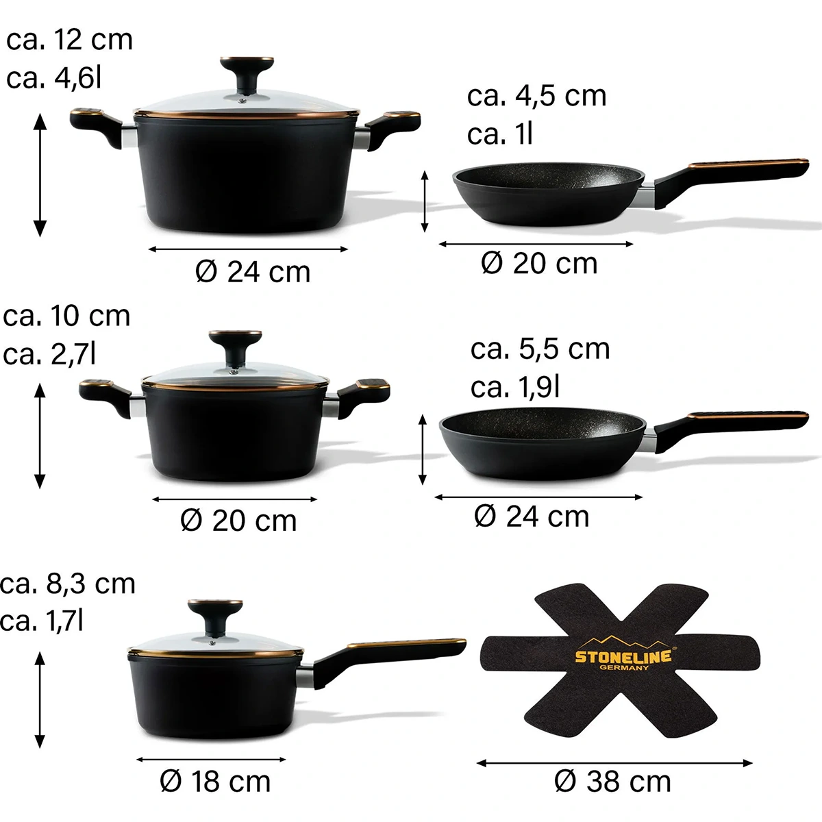 Vier schwarze STONELINE Kochgeschirr-Sets Schwarz/Roségold - 11-teilig in verschiedenen Größen mit Antihaftbeschichtung und schwarzer "Stoneline Germany"-Schutzeinlage sind auf weißem Hintergrund abgebildet und mit Maßpfeilen versehen. Marke: Stoneline.