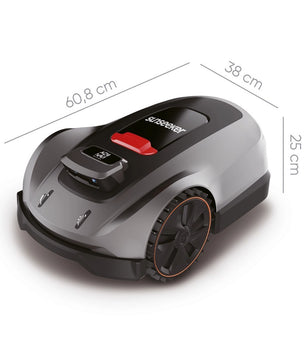 Der Sunseeker V3+ Mähroboter von Sunseeker ist ein silber-schwarzer Mähroboter mit RTK-Navigation für präzise Rasenpflege. Abmessungen: 60,8 cm (L) x 38 cm (B) x 25 cm (H).