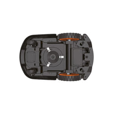 Unteransicht des Sunseeker V3+ Mähroboters von Sunseeker für die Rasenpflege, mit den Rädern und dem zentralen Drehflügelmechanismus.