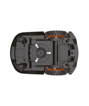 Unteransicht des Sunseeker V3+ Mähroboters von Sunseeker für die Rasenpflege, mit den Rädern und dem zentralen Drehflügelmechanismus.