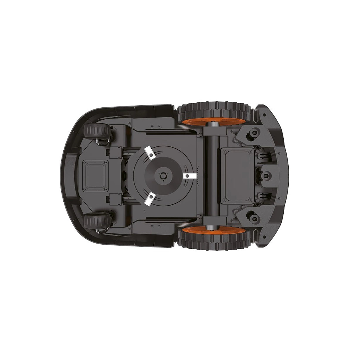 Unteransicht des Sunseeker V3+ Mähroboters von Sunseeker für die Rasenpflege, mit den Rädern und dem zentralen Drehflügelmechanismus.