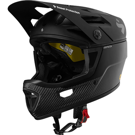 Der Sweet Protection Arbitrator MIPS Fullface Enduro Helm von Sweet Protection verfügt über ein Visier, einen Kinnschutz, Karbonfaseroptik, eine rote Schnalle und zertifizierten Downhill-Schutz - ideal für anspruchsvolle Trails.