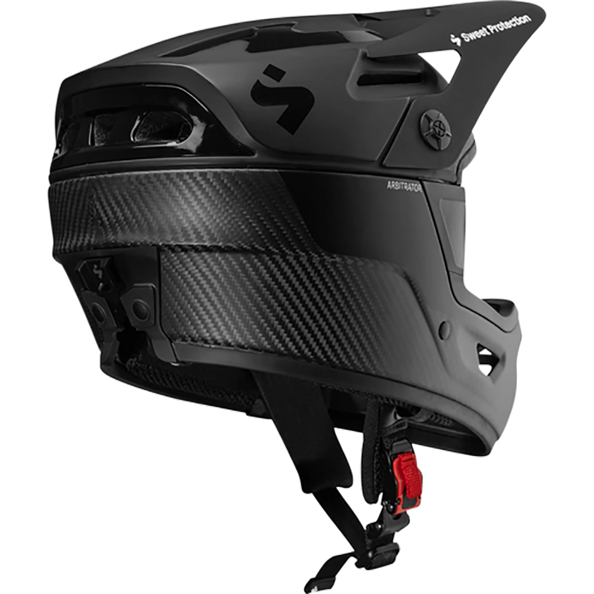Der Sweet Protection Arbitrator MIPS Fullface Enduro Helm ist ein schwarzer, matter Kohlefaserhelm mit Kinnriemen und Belüftung. Downhill zertifiziert, verfügt er über Arbitrator MIPS für verbesserte Sicherheit. Marke: Sweet Protection.