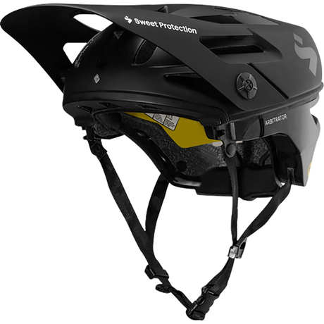 Der Sweet Protection Arbitrator MIPS Fullface Enduro Helm von Sweet Protection, hier in schwarz aus der Seitenansicht, verfügt über ein verstellbares Visier und Kinnriemen. Er ist Downhill-zertifiziert für maximale Sicherheit auf anspruchsvollen Trails.