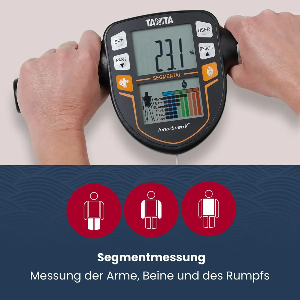 Hände halten eine TANITA BC-545N Segmentale Körperanalysewaage; Grafik zeigt segmentale Analyse mit Messwerten für Arme, Beine und Rumpf.