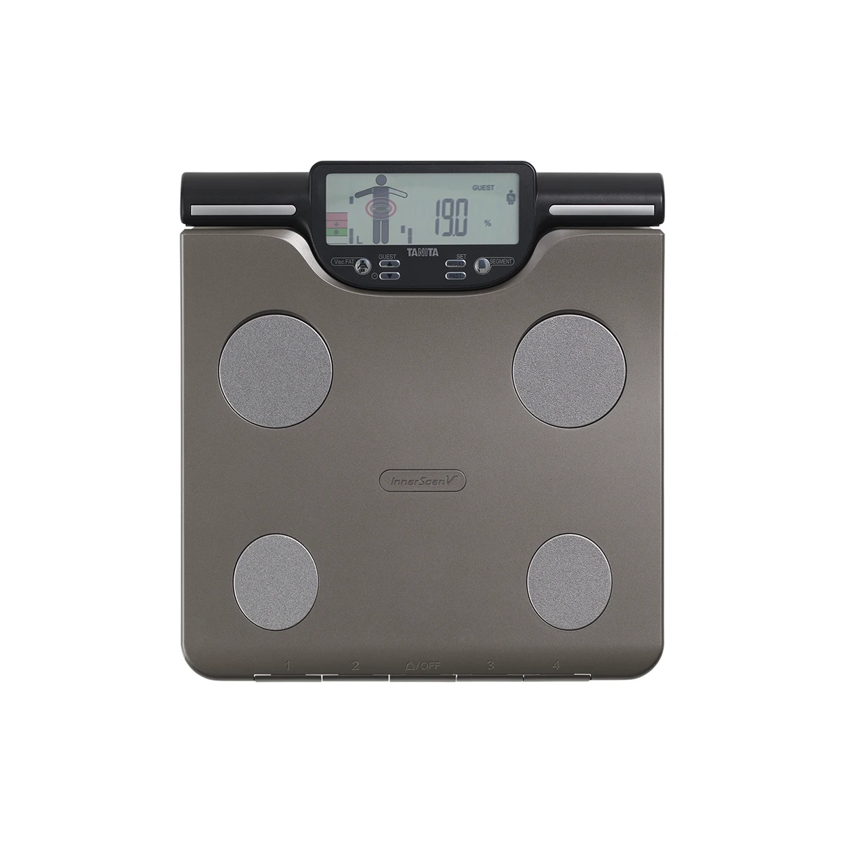 Die TANITA BC-601 Segmentale Körperanalysewaage ist eine dunkelgraue Digitalwaage mit vier Metall-Sensor-Pads, LCD-Display, SD-Kartenfunktion und detaillierter Gewichts- und Körperanalyse, die den Markennamen TANITA trägt.