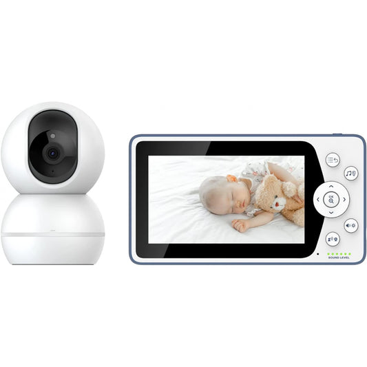 Das Telefunken VM-M700 Video-Babyphone verfügt über eine weiße Kamera und ein 5"-HD-Display, das ein schlafendes Baby mit Teddy zeigt, sowie Lautstärkeanzeigen, Tasten und klare Infrarot-Nachtsicht für eine sichere Überwachung bei Tag und Nacht.
