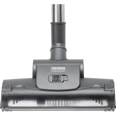Eine Nahaufnahme des THOMAS Perfect Air Animal pure Staubsaugeraufsatzes, mit einer schwarz-grauen Turbobürste mit rotierendem Kopf für Tierhaare und dem THOMAS-Logo auf der Oberseite. Produkt abgebildet in gelbem Design.
