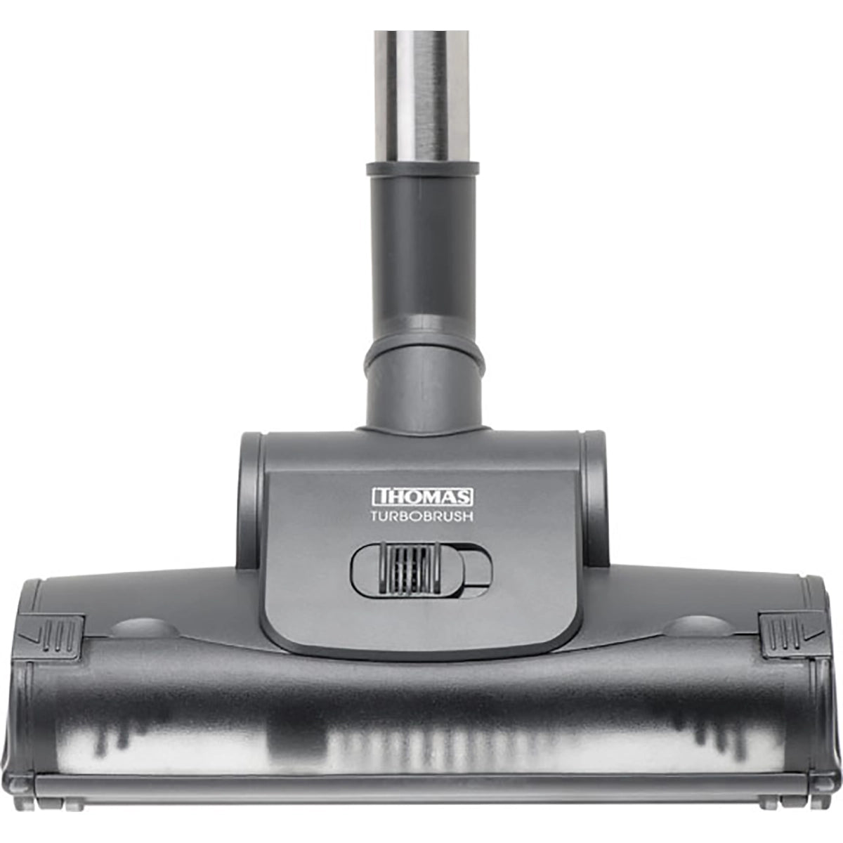 Eine Nahaufnahme des THOMAS Perfect Air Animal pure Staubsaugeraufsatzes, mit einer schwarz-grauen Turbobürste mit rotierendem Kopf für Tierhaare und dem THOMAS-Logo auf der Oberseite. Produkt abgebildet in gelbem Design.