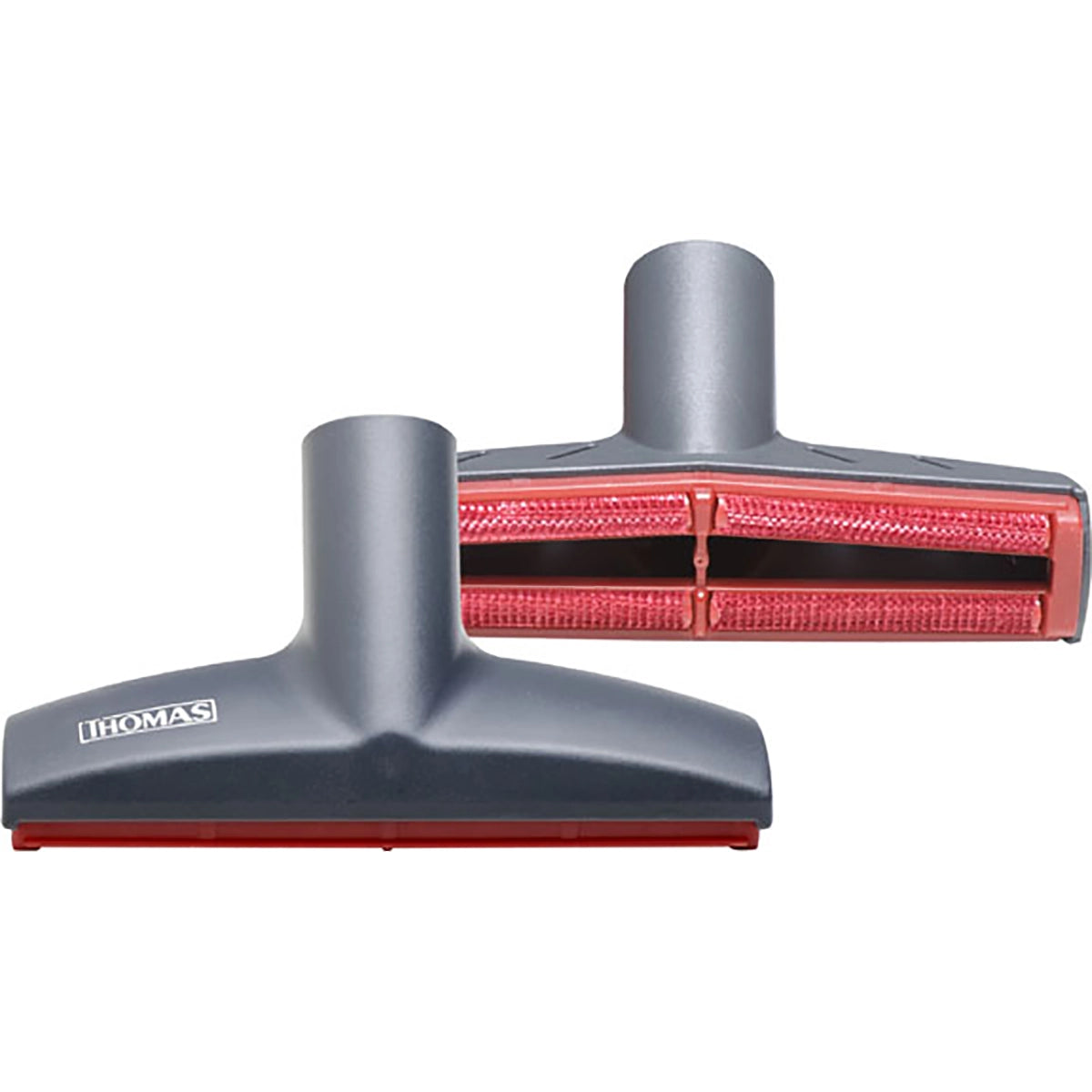Abgebildet sind zwei graue Bürstenaufsätze für den THOMAS Perfect Air Animal pure Staubsauger (gelb) mit roten Borsten. Auf dem einen ist das THOMAS-Logo zu sehen, auf dem anderen rote Reinigungsstreifen, ideal zum Entfernen von Tierhaaren.