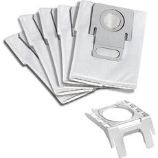 Abgebildet sind sechs weiße Staubsaugerbeutel mit grauen Manschetten und einem separaten grauen Aufsatz - perfekt für Haushalte mit Tierhaaren oder für Benutzer des gelben THOMAS Perfect Air Animal pure Staubsaugers.