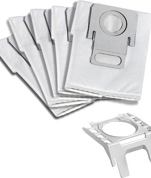 Abgebildet sind sechs weiße Staubsaugerbeutel mit grauen Manschetten und einem separaten grauen Aufsatz - perfekt für Haushalte mit Tierhaaren oder für Benutzer des gelben THOMAS Perfect Air Animal pure Staubsaugers.