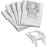 Abgebildet sind sechs weiße Staubsaugerbeutel mit grauen Manschetten und einem separaten grauen Aufsatz - perfekt für Haushalte mit Tierhaaren oder für Benutzer des gelben THOMAS Perfect Air Animal pure Staubsaugers.