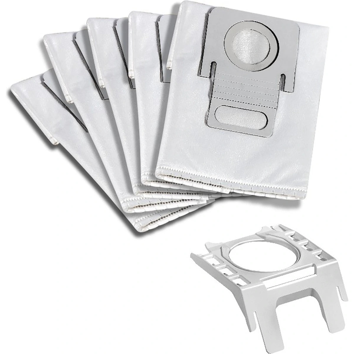 Abgebildet sind sechs weiße Staubsaugerbeutel mit grauen Manschetten und einem separaten grauen Aufsatz - perfekt für Haushalte mit Tierhaaren oder für Benutzer des gelben THOMAS Perfect Air Animal pure Staubsaugers.