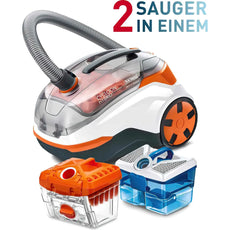 Der THOMAS Cycloon Hybrid Pet & Friends - orange ist ein kompakter Staubsauger mit orangen und grauen Akzenten, einem flexiblen Schlauch und zwei herausnehmbaren Filterbehältern - einer orangen und einer blauen AQUA-Filterbox. 