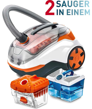 Der THOMAS Cycloon Hybrid Pet & Friends - orange ist ein kompakter Staubsauger mit orangen und grauen Akzenten, einem flexiblen Schlauch und zwei herausnehmbaren Filterbehältern - einer orangen und einer blauen AQUA-Filterbox. "2 Sauger in einem" bedeutet 2 Staubsauger in einem.