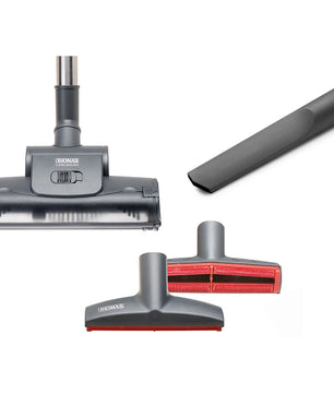 Ein Set mit vier grauen und roten Aufsätzen für den THOMAS Thomas Cycloon Hybrid Pet & Friends - orange Staubsauger: eine breite Bodenbürste, eine schmale Fugendüse und zwei Polsteraufsätze mit roten Stoffstreifen.