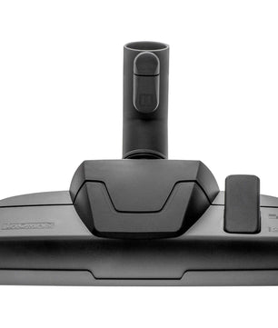 Der THOMAS Cycloon Hybrid Pet & Friends in Orange verfügt über eine rechteckige Bodendüse mit beschrifteten Tasten und einem Saugrohranschluss, der mit dem HEPA-13-Filtersystem für eine effiziente Reinigung kompatibel ist.